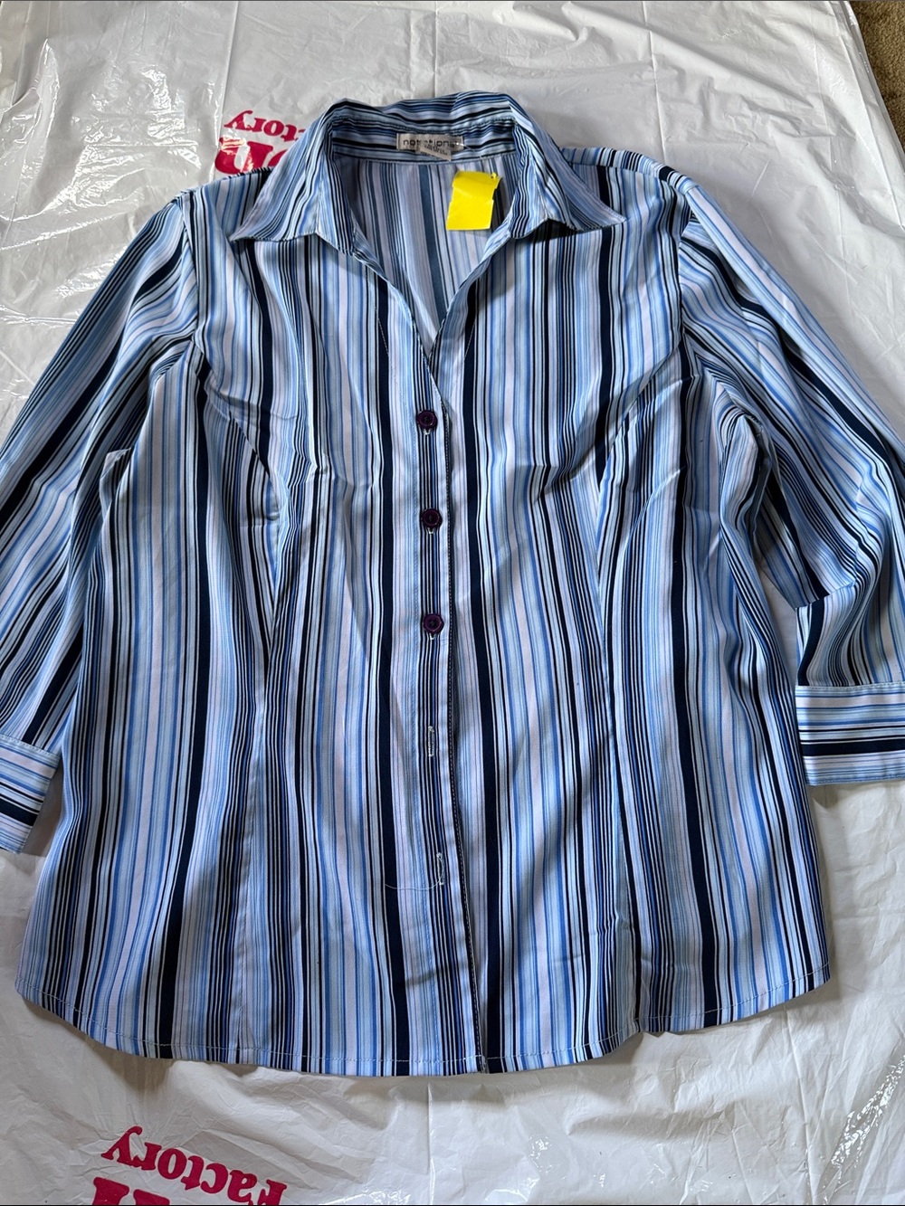 Notations Blue and Black Striped Button-Up Women's Top